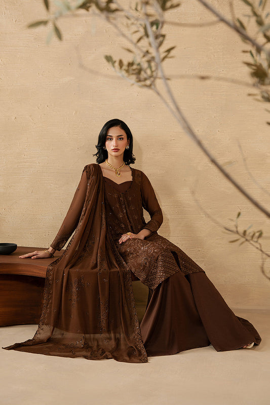 4 PIECE EMBROIDERED CHIFFON SUIT-MOCHA CRÈME (LUXURY UNSTITCHED)