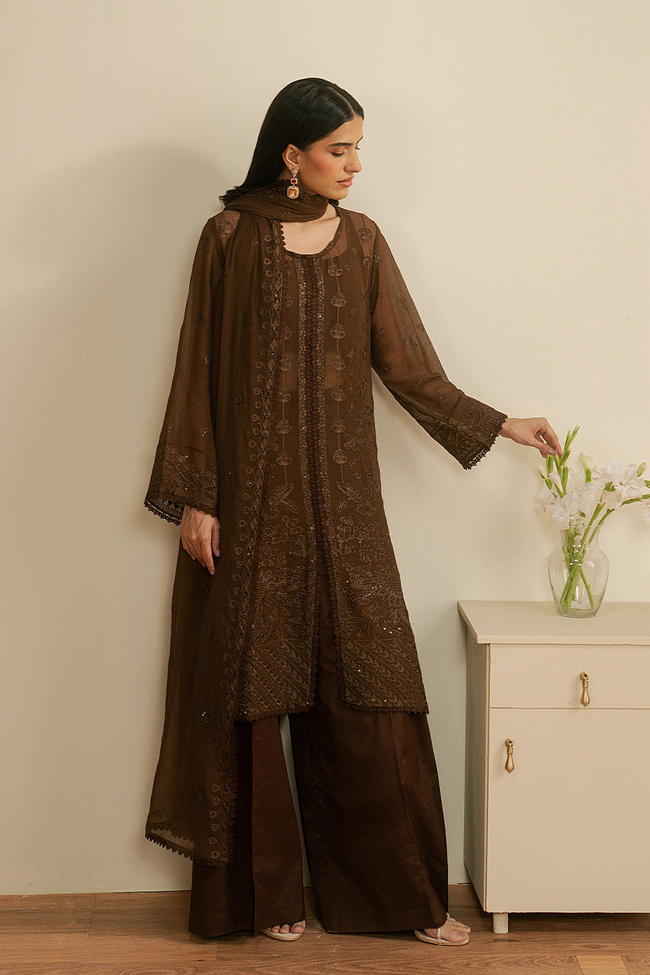 4 PIECE EMBROIDERED CHIFFON SUIT-MOCHA CRÈME (LUXURY UNSTITCHED)