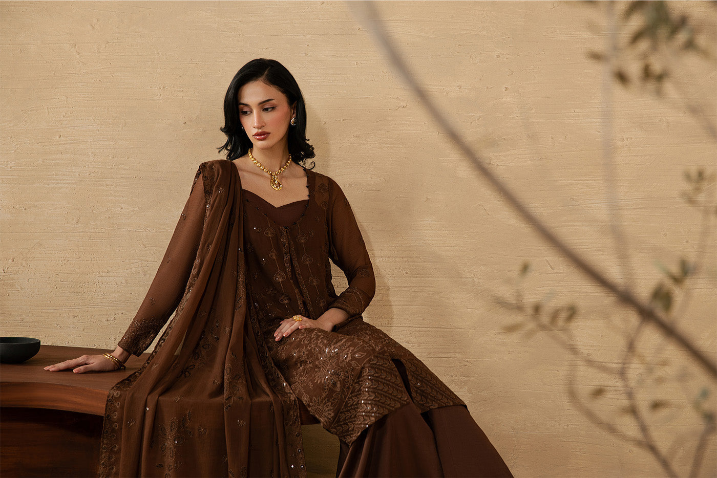 4 PIECE EMBROIDERED CHIFFON SUIT-MOCHA CRÈME (LUXURY UNSTITCHED)