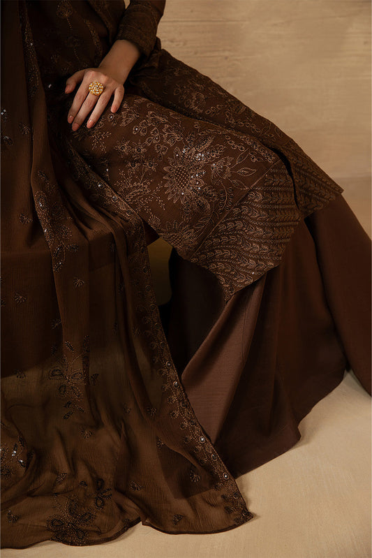 4 PIECE EMBROIDERED CHIFFON SUIT-MOCHA CRÈME (LUXURY UNSTITCHED)