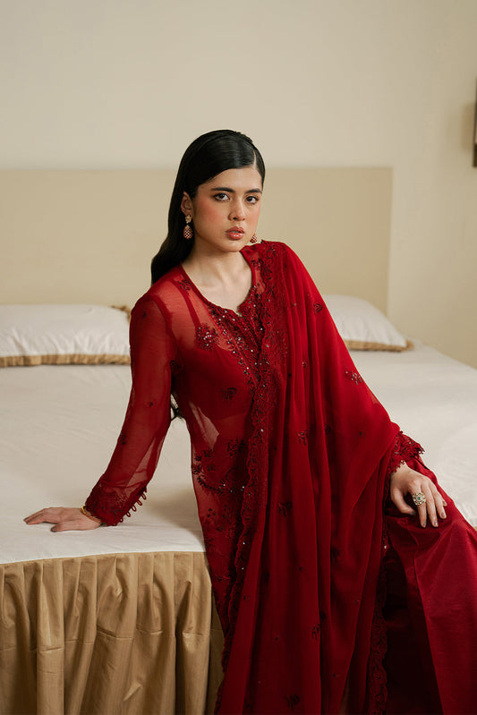 4 PIECE EMBROIDERED CHIFFON SUIT-DEEP INFERNO (LUXURY UNSTITCHED)