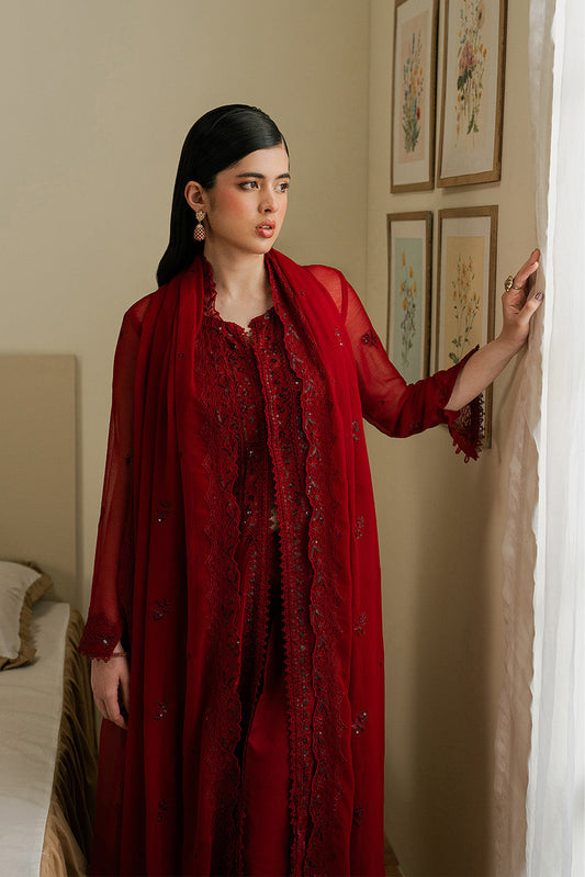 4 PIECE EMBROIDERED CHIFFON SUIT-DEEP INFERNO (LUXURY UNSTITCHED)