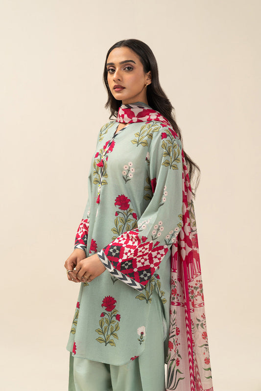 3 PIECE PRINTED LAWN SUIT-SPRING ESCAPE (UNSTITCHED)