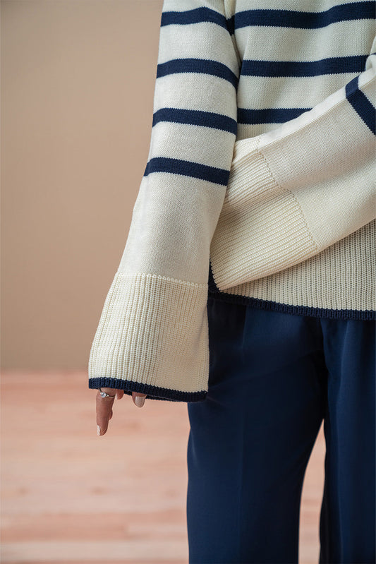 STRIPED MOCK NECK PULLOVER