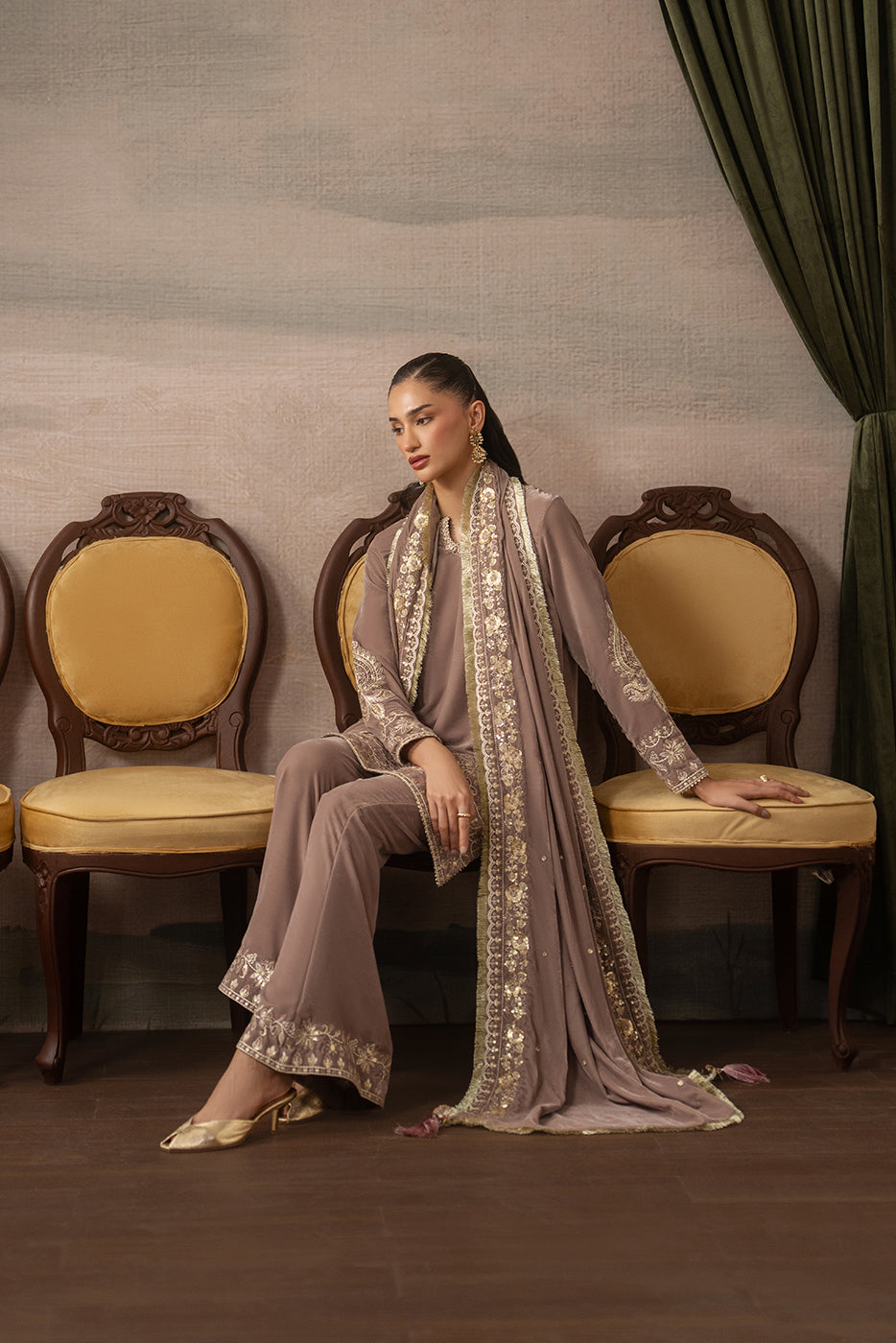 3 PIECE EMBROIDERED VELVET SUIT-ENCHANTED BLAZE ( LUXURY UNSTITCHED )