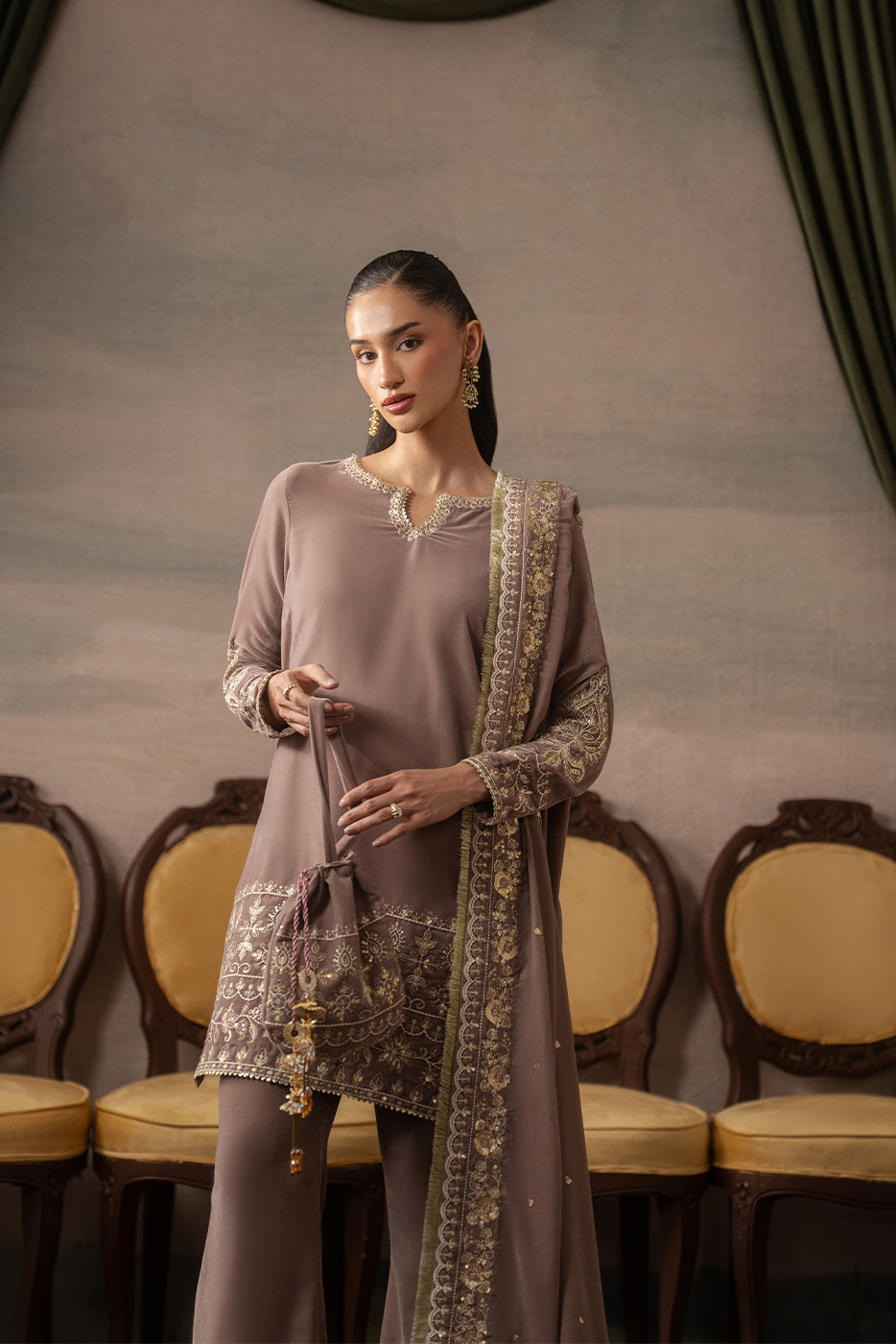3 PIECE EMBROIDERED VELVET SUIT-ENCHANTED BLAZE ( LUXURY UNSTITCHED )