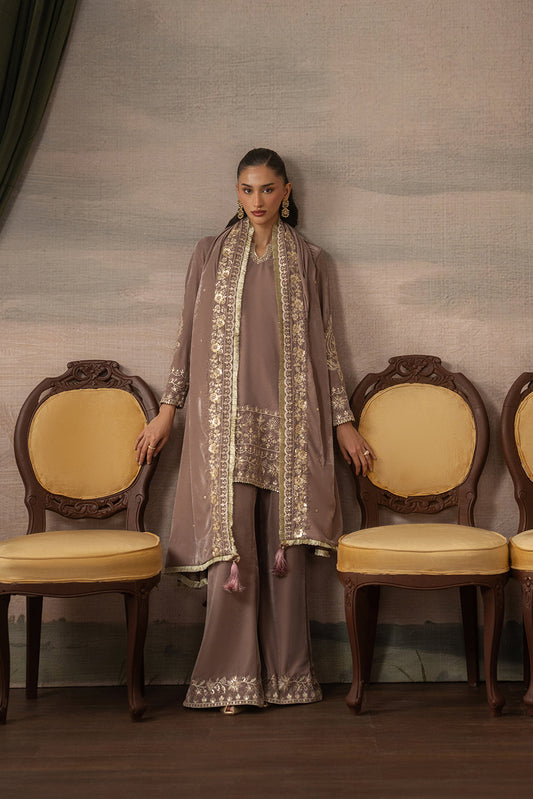 3 PIECE EMBROIDERED VELVET SUIT-ENCHANTED BLAZE ( LUXURY UNSTITCHED )