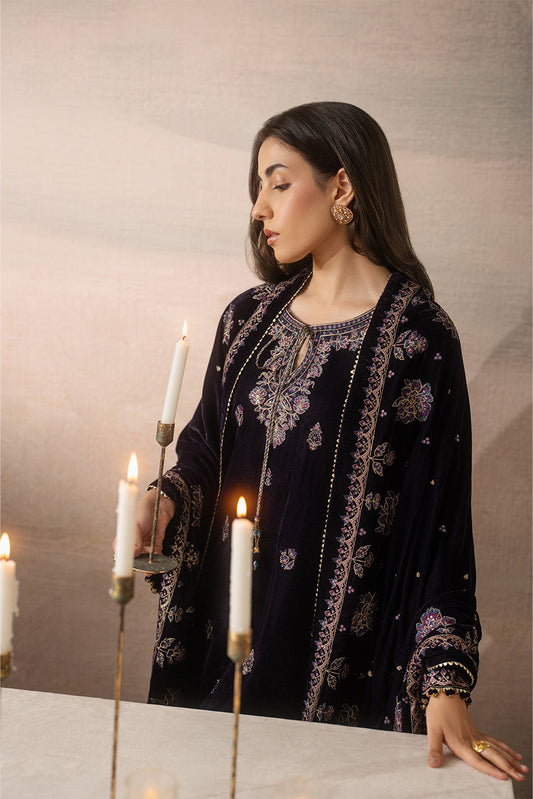 3 PIECE EMBROIDERED VELVET SUIT-MULBERRY DUSK ( LUXURY UNSTITCHED )