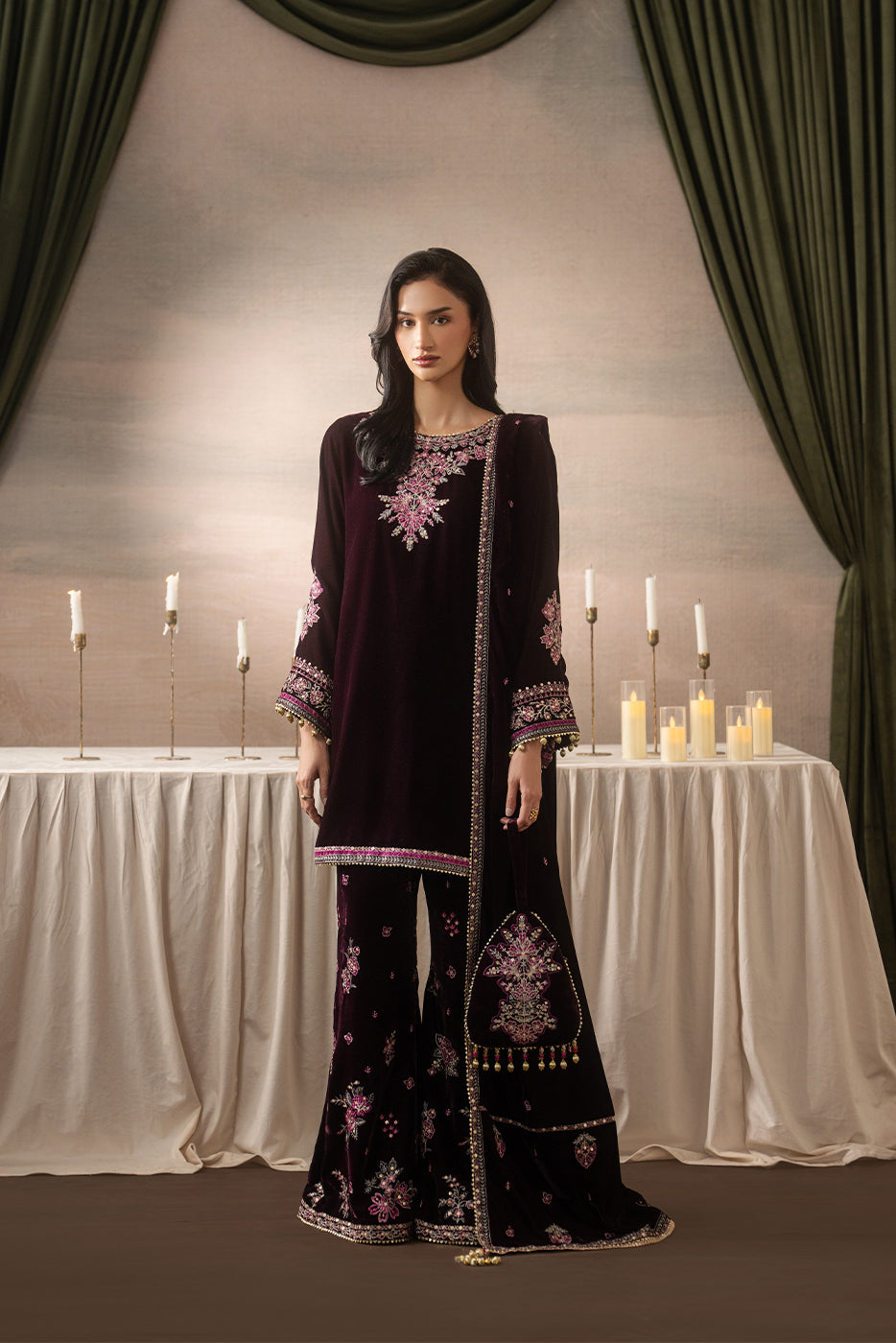 3 PIECE EMBROIDERED VELVET SUIT-DEEP INFERNO ( LUXURY UNSTITCHED )