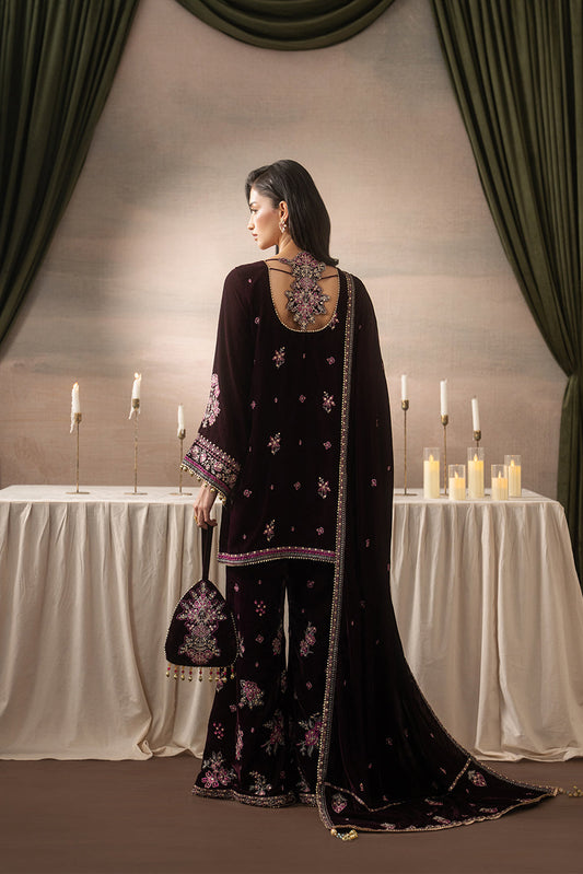 3 PIECE EMBROIDERED VELVET SUIT-DEEP INFERNO ( LUXURY UNSTITCHED )