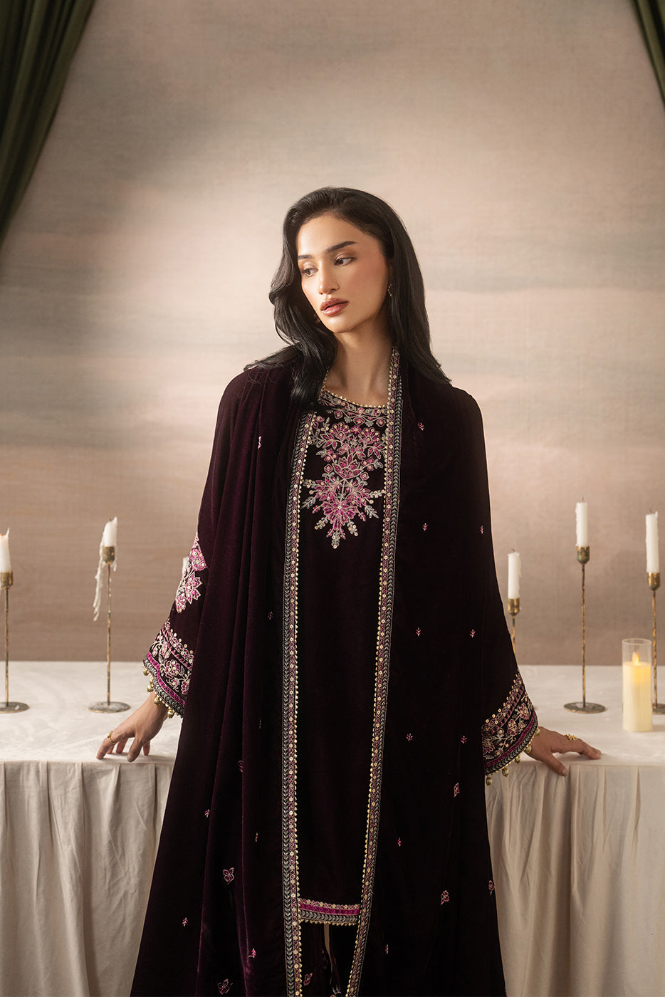 3 PIECE EMBROIDERED VELVET SUIT-DEEP INFERNO ( LUXURY UNSTITCHED )