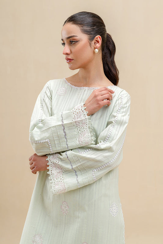 1 PIECE EMBROIDERED LENO  SUIT-SEA FOAM (UNSTITCHED)