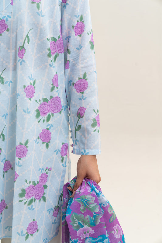 2 PIECE PRINTED LAWN SUIT-ROSE CRUSH (UNSTITCHED)